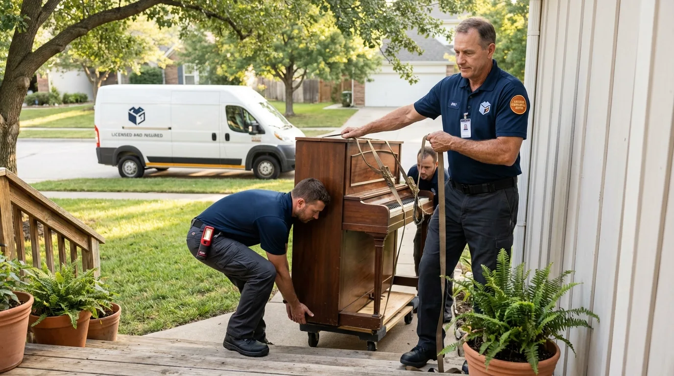 Licensed piano movers securing grand piano in Allendale, NJ