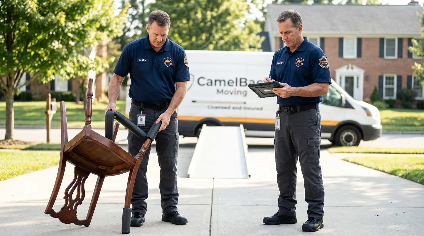 Movers inspecting furniture for damage prevention before loading in Allendale, NJ