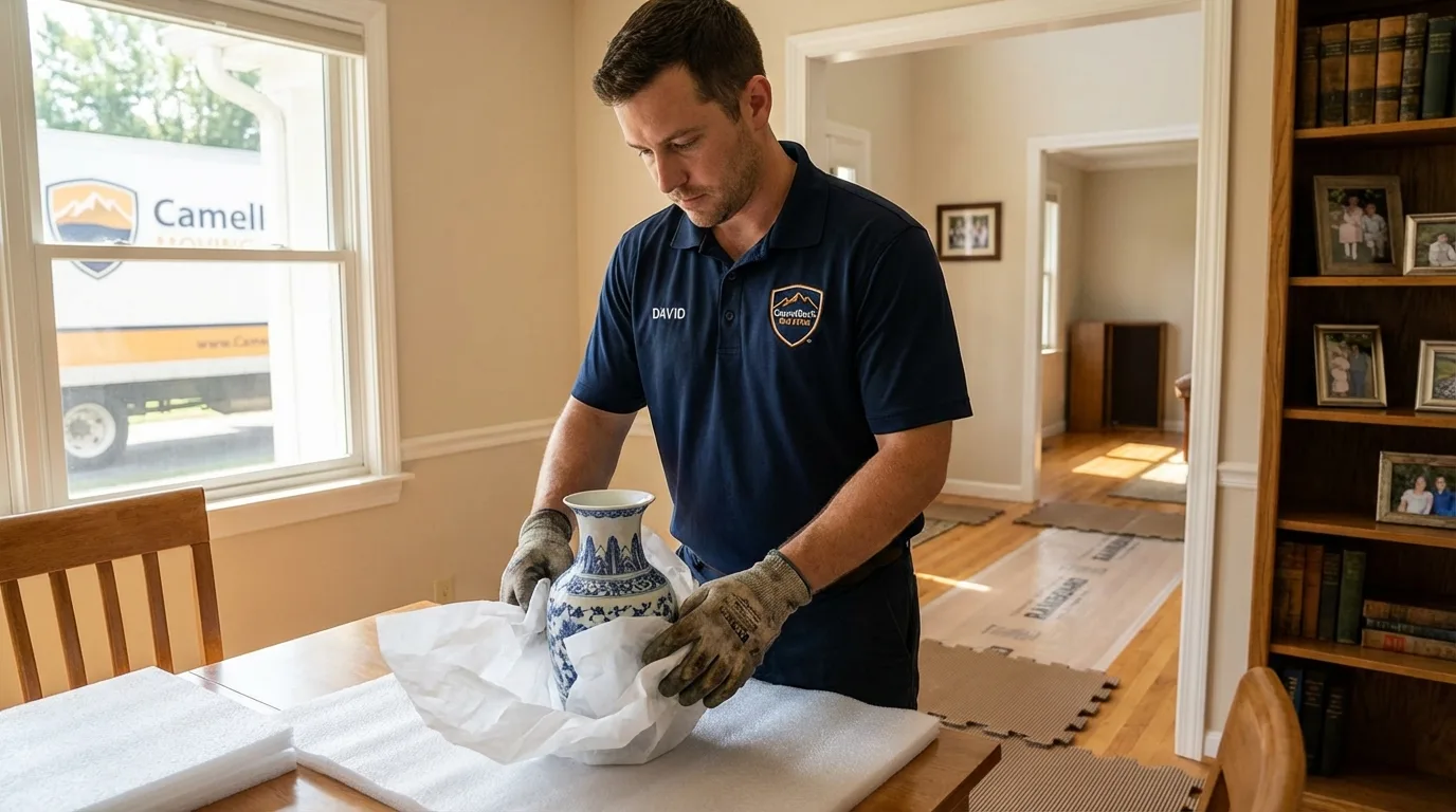Professional crew carefully wrapping antique vase for senior downsizing move in Allendale, NJ